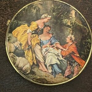 Vintage Rococo-Style Painting on a Compact Mirror Gold Tone Rim